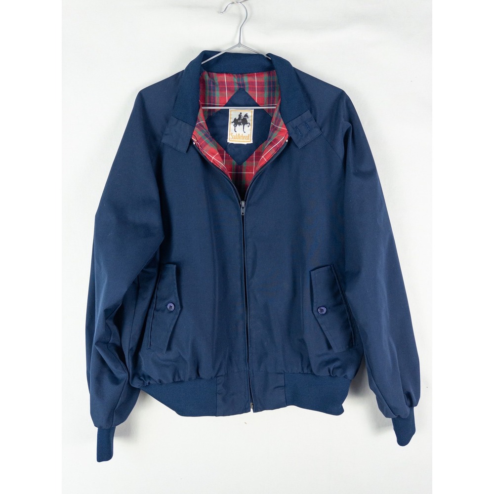 Vintage Saddlebred Harrington Zip Jacket Mens Navy Blue Plaid Lined Retro Preppy